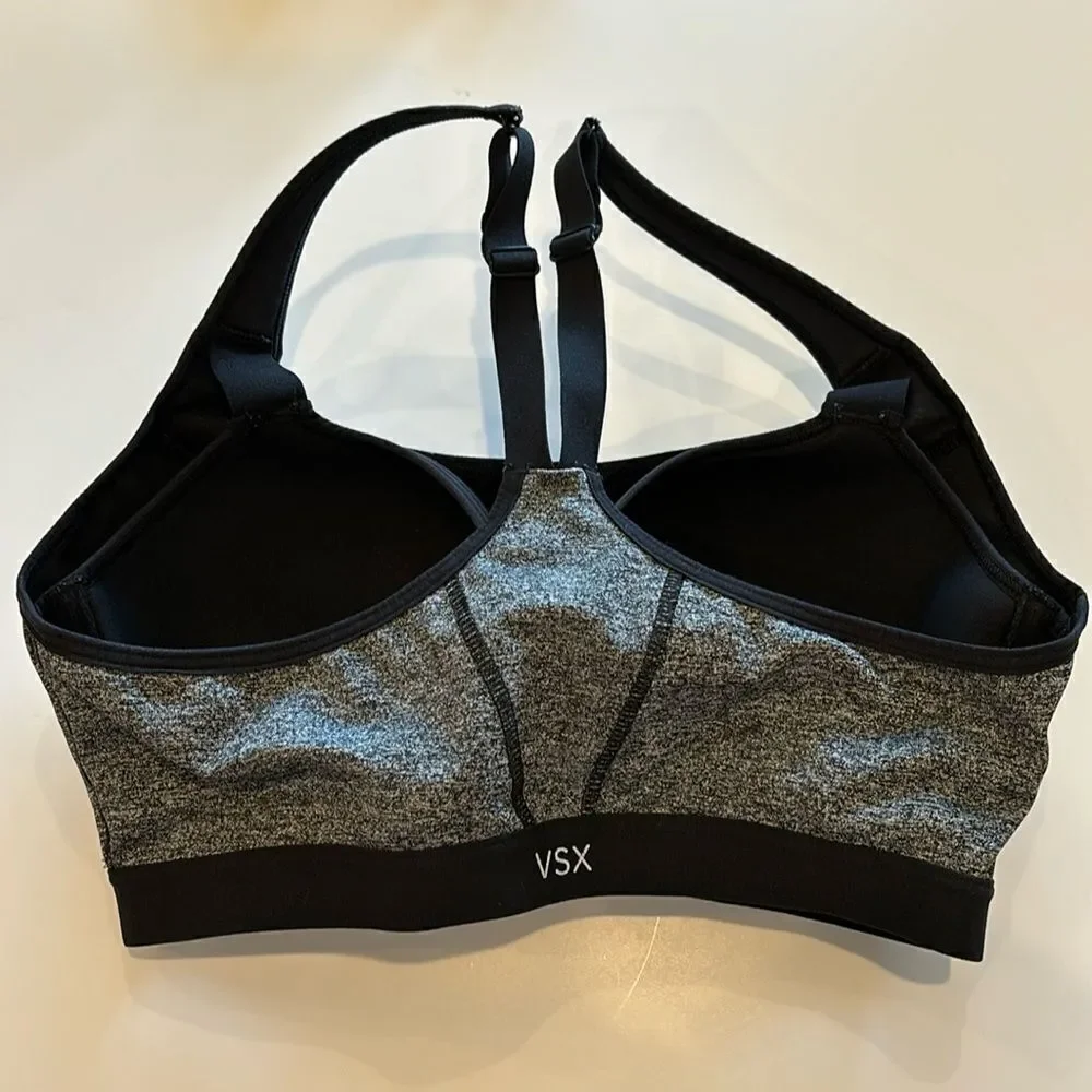 Victorias Secret VSX Sport Front‎ Zip Close Underwire Black Gray Sports Bra 34D